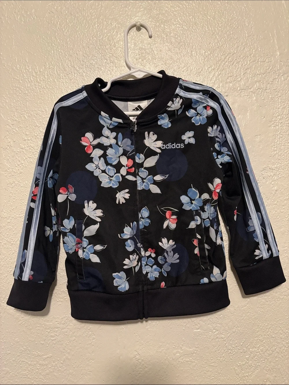 adidas Black Floral Track Jacket with Blue and Pink Accents